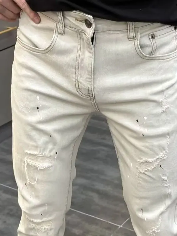 

Light ey Thin Summer Men's Jeans Slim Fit Elastic Nine-Piece Pants Youth Trendy Casual Wear Antibacterial Stone Waed