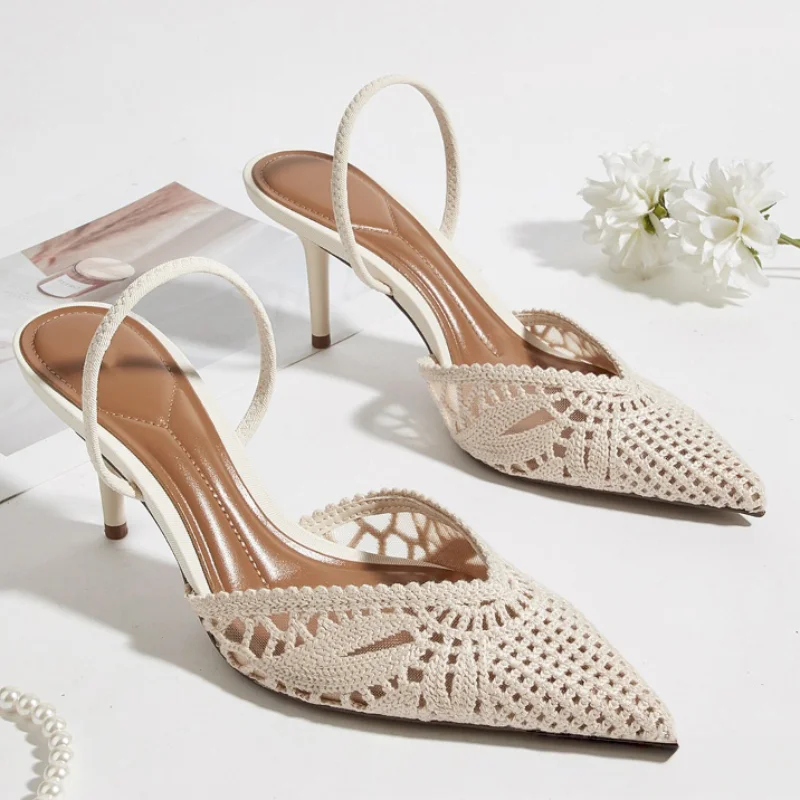 

Openwork Slingback High-heeled Sandals, Brand Woven Women's Pointed-toe High Heels Sexy Elegant Wedding High Heels Plus Size
