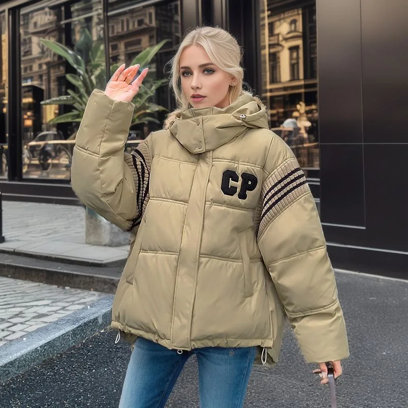 

2024 Winter Women's Cotton Jacket Female Thick Loose Knitted Color Blocked Short Jacket Women'shooded Casual Parkas Coats