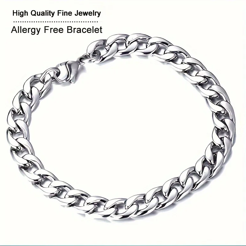 Non-fading Titanium Steel Bracelets for Men and Women, Fashion 7mm Width Cuban Chain,Hip Hop Cool Bracelet Wedding Accessories