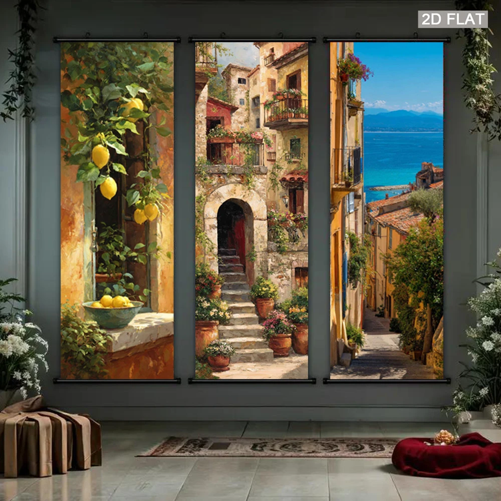 VIKAMA European Vintage Country-Style Scroll Tapestry, Oil Painting of Flowers in a Mediterranean Coastal Alley, Wall Decor
