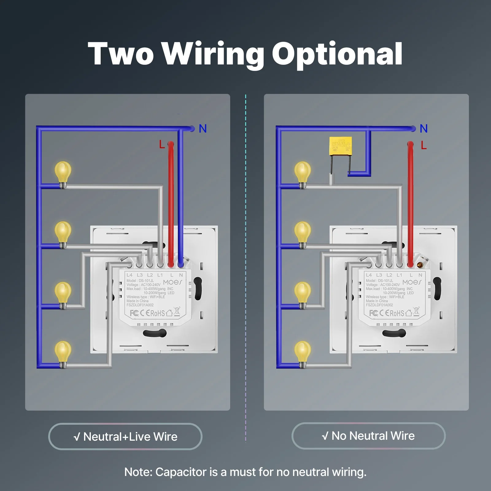 Tuya-interruptor de luz inteligente con WiFi, Control táctil de vidrio, ignífugo, No requiere cable neutro, Control remoto, funciona con Alexa y Google Home