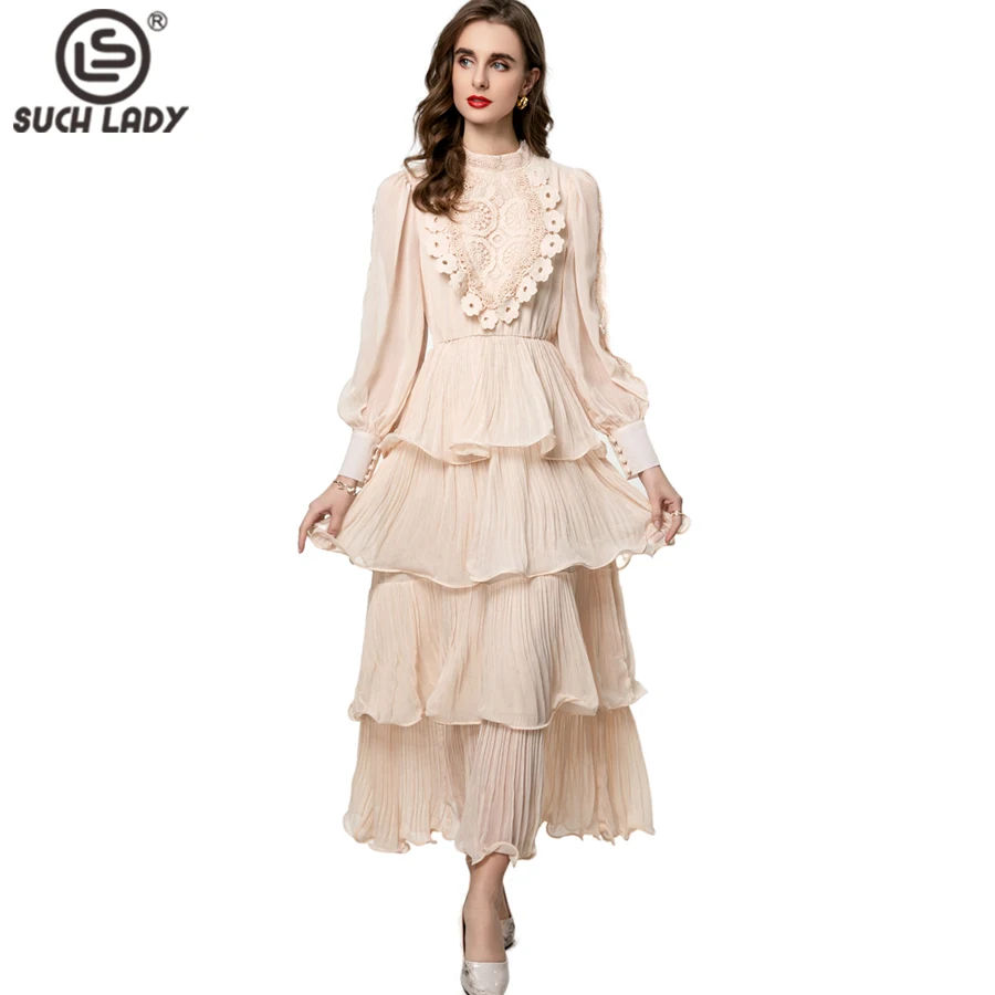 Vestidos femininos gola mangas compridas bordado retalhos em camadas babados elegante moda festa de formatura vestido