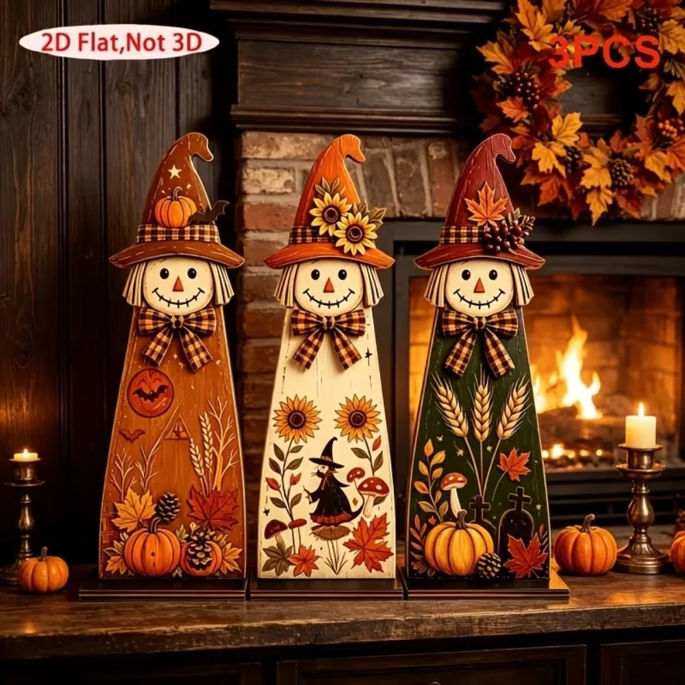2D Flat Fall Scarecrow Wooden Sign Pumpkin Maple Autumn Themed Holiday Scarecrow Craft Set Stand-Base Vintage