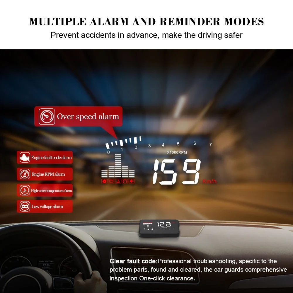X5 سيارة HUD Obd2 رئيس يصل عرض الزجاج الأمامي العارض عداد السرعة RPM درجة حرارة الماء RPM الجهد Tacho السرعة الزائدة إنذار مخصص