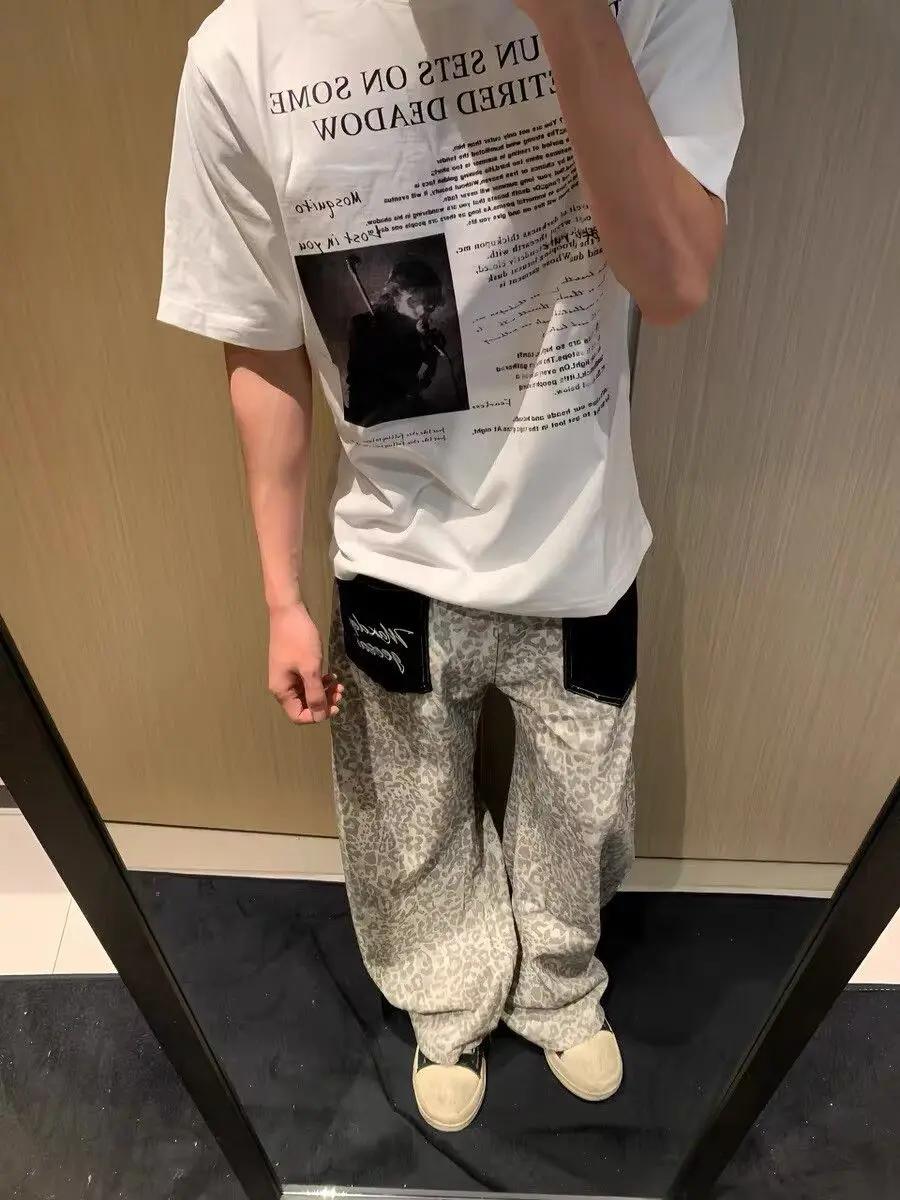 Men's Retro Leopard Print Patchwork Pocket Sweatpants Sporty Style Summer Pants Boys Bottoms Male Wide Leg Straight Trousers