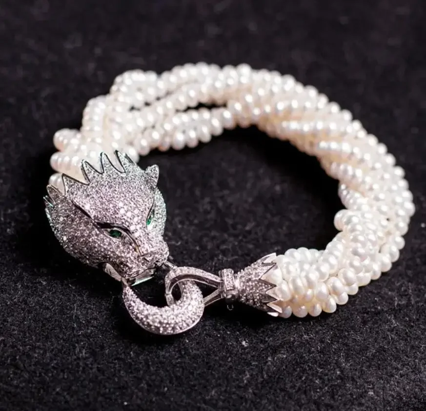 

nice design 4-5mm natural freshwater pearl with charming zircon leopard head 21.5cm bracelet