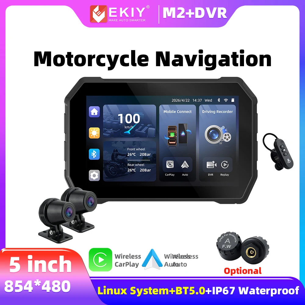 EKIY 5 inch Wireless Android Auto Apple Carplay Motorcycle Display Screen GPS Navigation Waterproof IPX67 Monitor Support TPMS