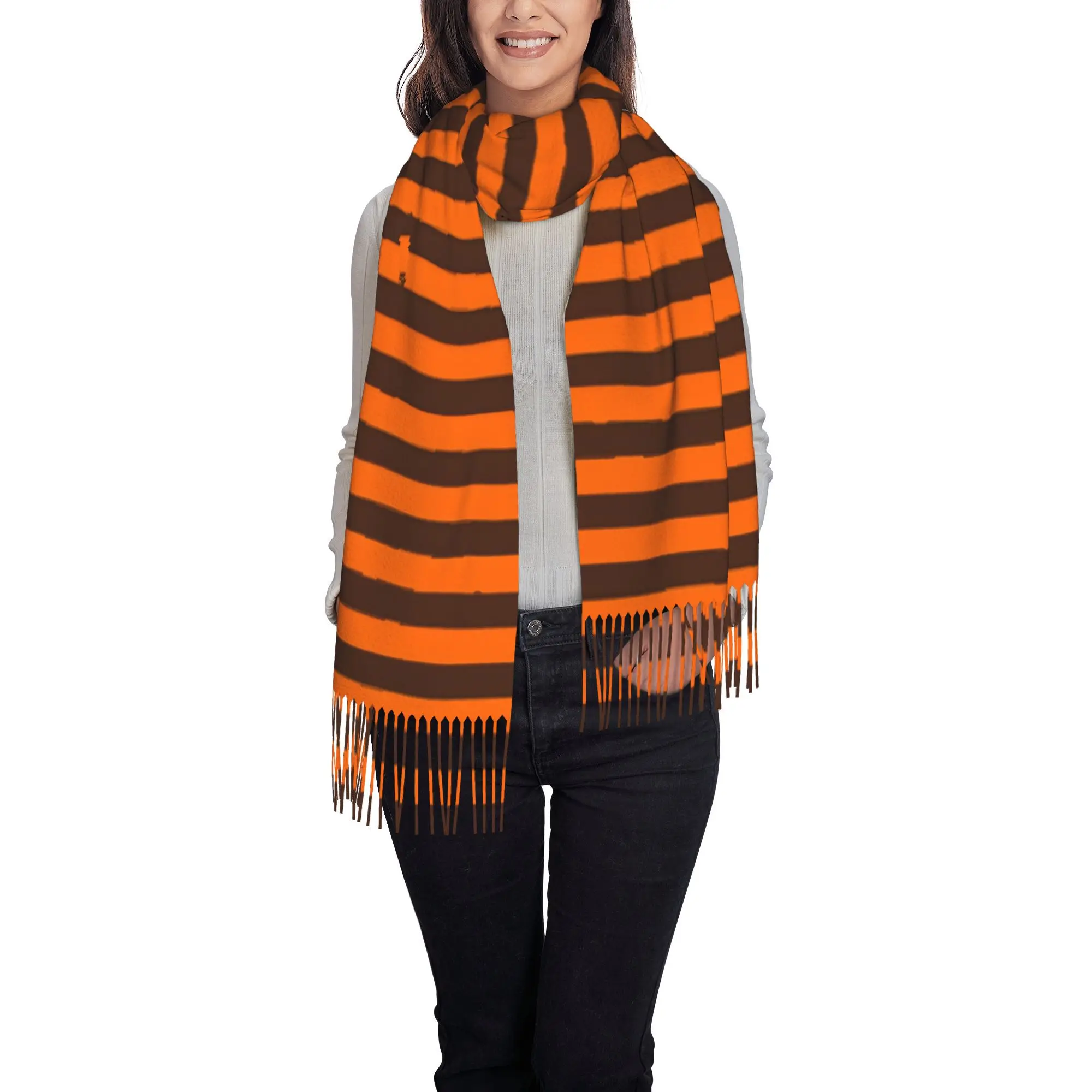 1pc 2D Flat Printing Autumn Orange Brown Horizontal Stripe Decor Pattern Muffler for Autumn, Large Windproof