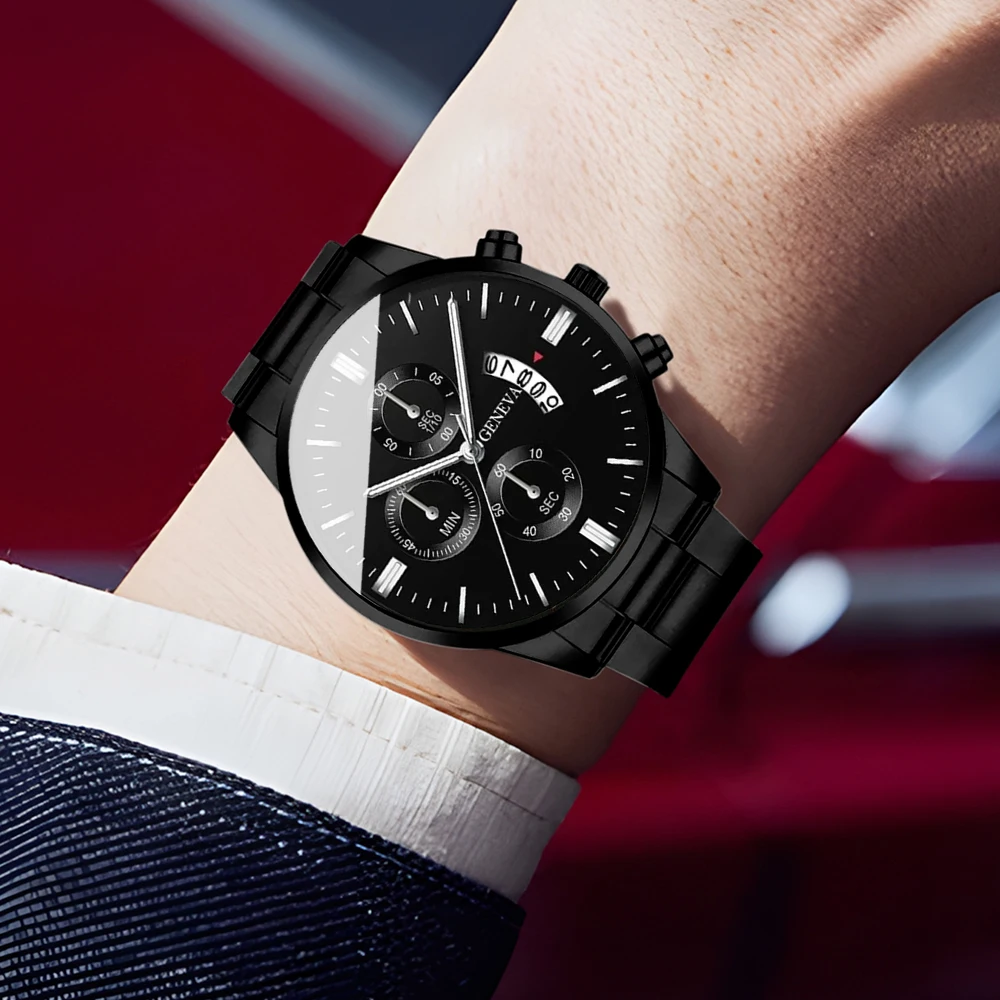 Men Stainless Steel Three-Eyes Calendar Quartz Watch Steel Strap Alloy Material Round Shape Iron Folding image 3