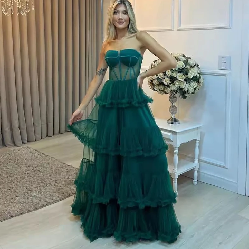 

Elegant Floor-Length Customized Party Dresses A-Line Strapless Prom Dresses 2025 Cascading Ruffle Corset Evening Dresses