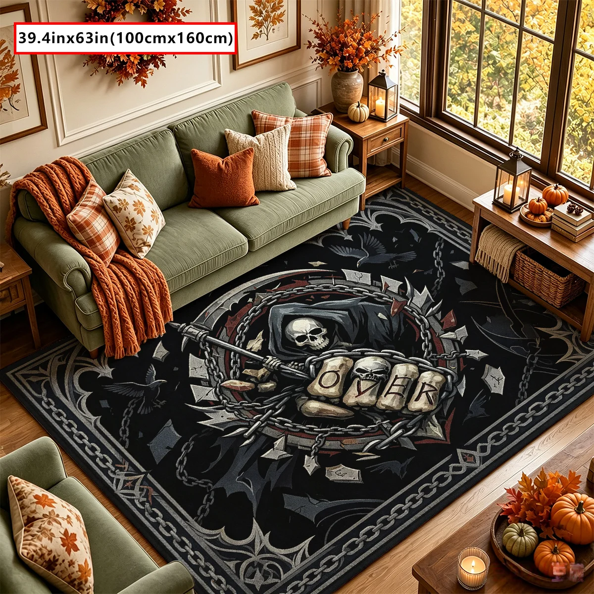 1pc Cool Dark Halloween Chain‑Raven Geometric Print Large Area Rug, Non‑Slip Polyester Floor Mat for Living Room, Entryway