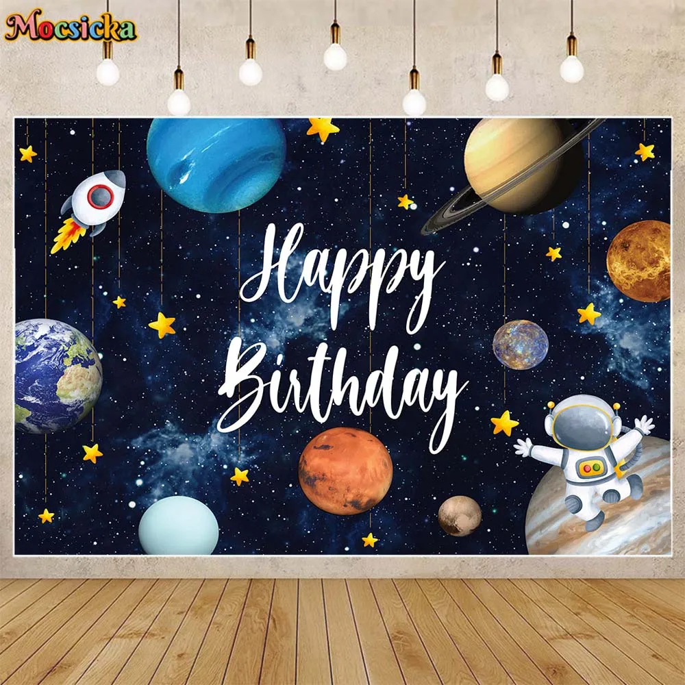 

Mocsicka Space Theme Child Birthday Background Planet Rocket Astronaut Boy Baby Shower Party Decor Banner Custom Photocall Props