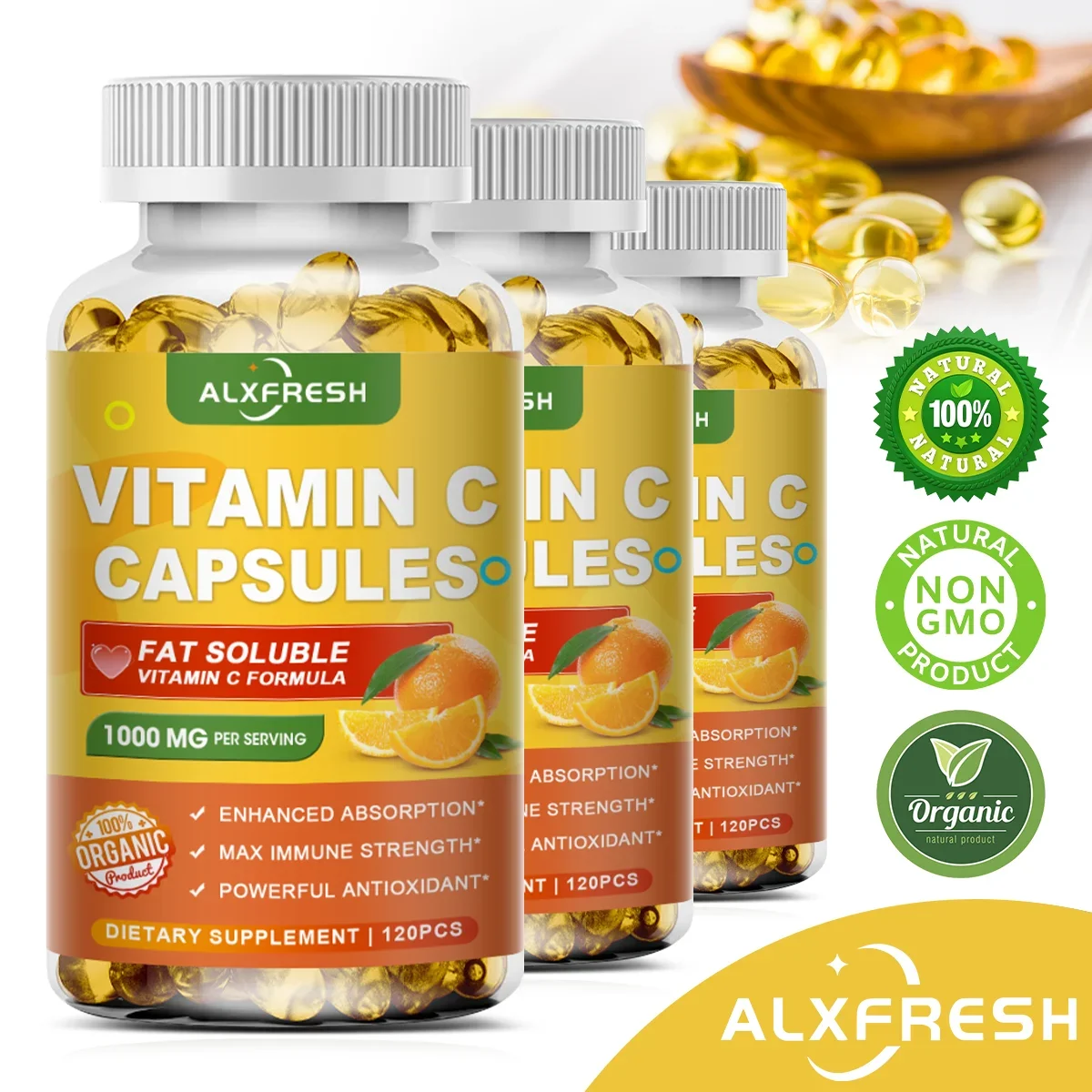 Alxfresh Vitamin C 1000MG Capsules Daily VC for Immune System, Skin Health, Strong Antioxidant Supplement, Vegen, Gluten Free