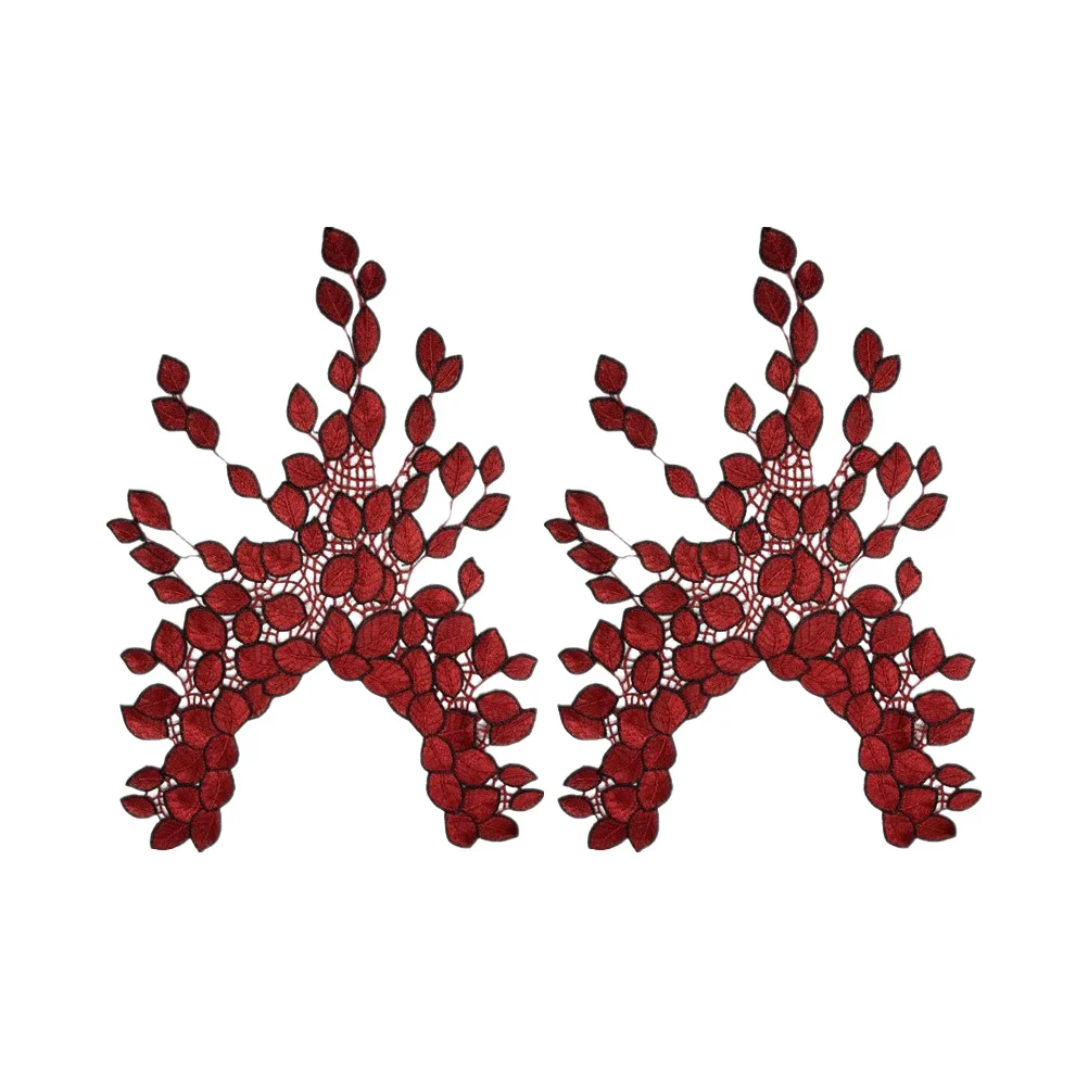 Patchs de collier brodés en Nylon Soluble dans l'eau, 2 pièces, en forme de feuilles, motif creux rouge foncé, accessoires pour vêtements pour femmes