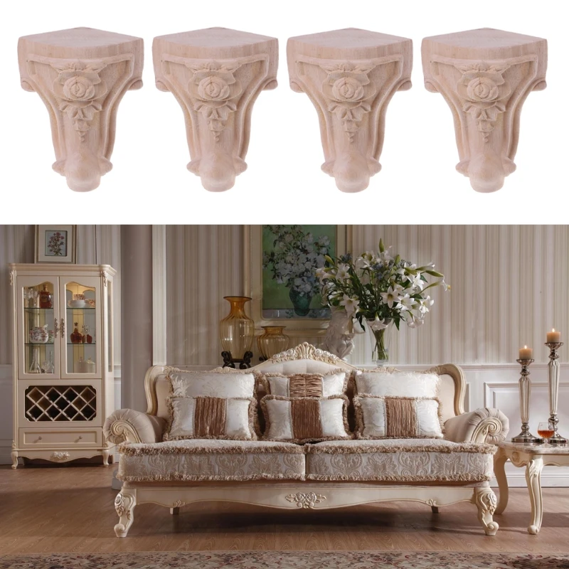 4 Pieces Right Angle Support Sofa Legs Vintage Furniture Legs Replacement Wooden Carved Cabinet Feet Easy to Install 11XA