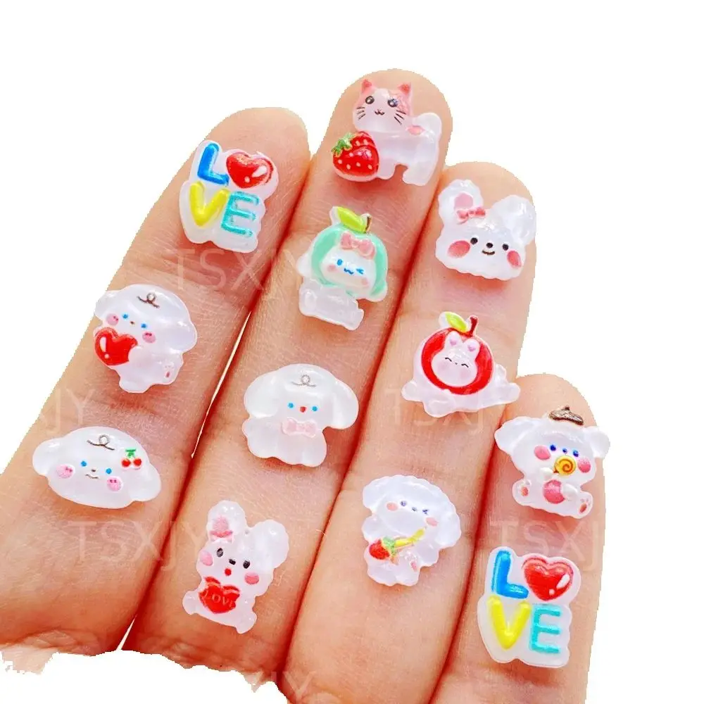 50 Stück Mini-Figuren in Form von bunten Cartoon-Kaninchen, Welpen und Buchstaben (IOVE), flache Nagelkunst-Steinfiguren, Scrapbook-Anhänger, DIY-Schmuckdekoration, Bastelbedarf