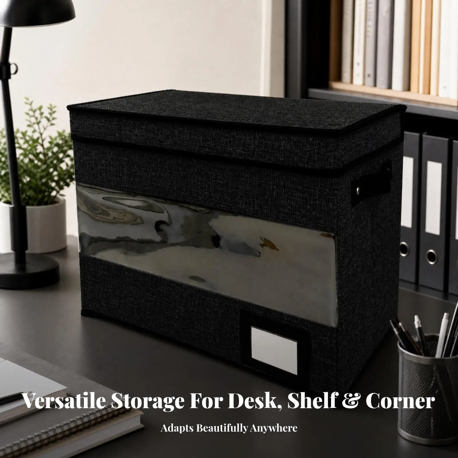 Linen Texture Storage Bin with Lid Side Handles Transparent Front Pocket for Study Room Organization Foldable Design