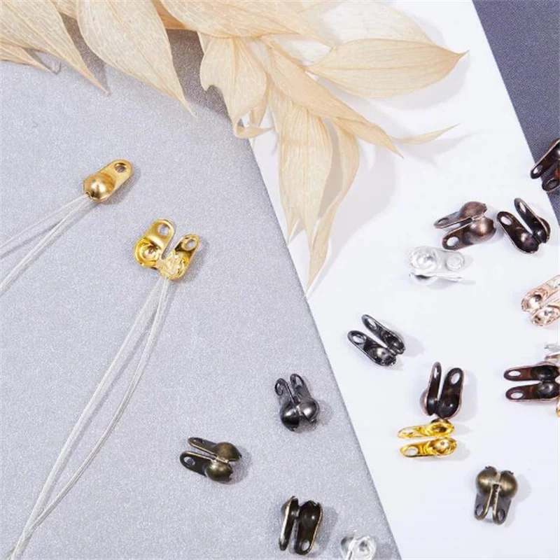 クラムシェル折りたたみ式メタルクリンプエンドチップ、ノットカバー、ビーズコネクタ、クリップクラスプ、DIYブレスレット、ネックレス、ジュエリー作り、200個