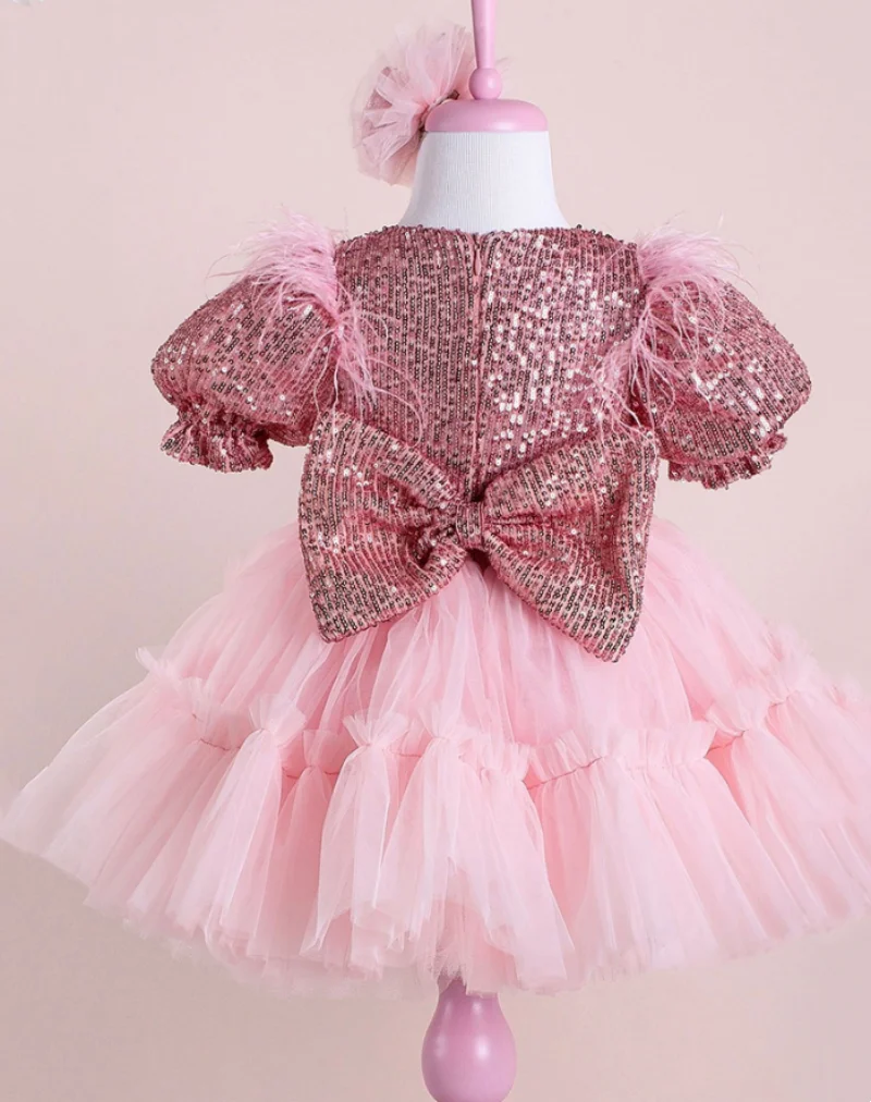 Pink Floral Dress V Neck Puff Sleeve Baby Girl Party Tulle Gown Kid Birthday Dress Children Clothes Tutu Vestidos Gift for Girls