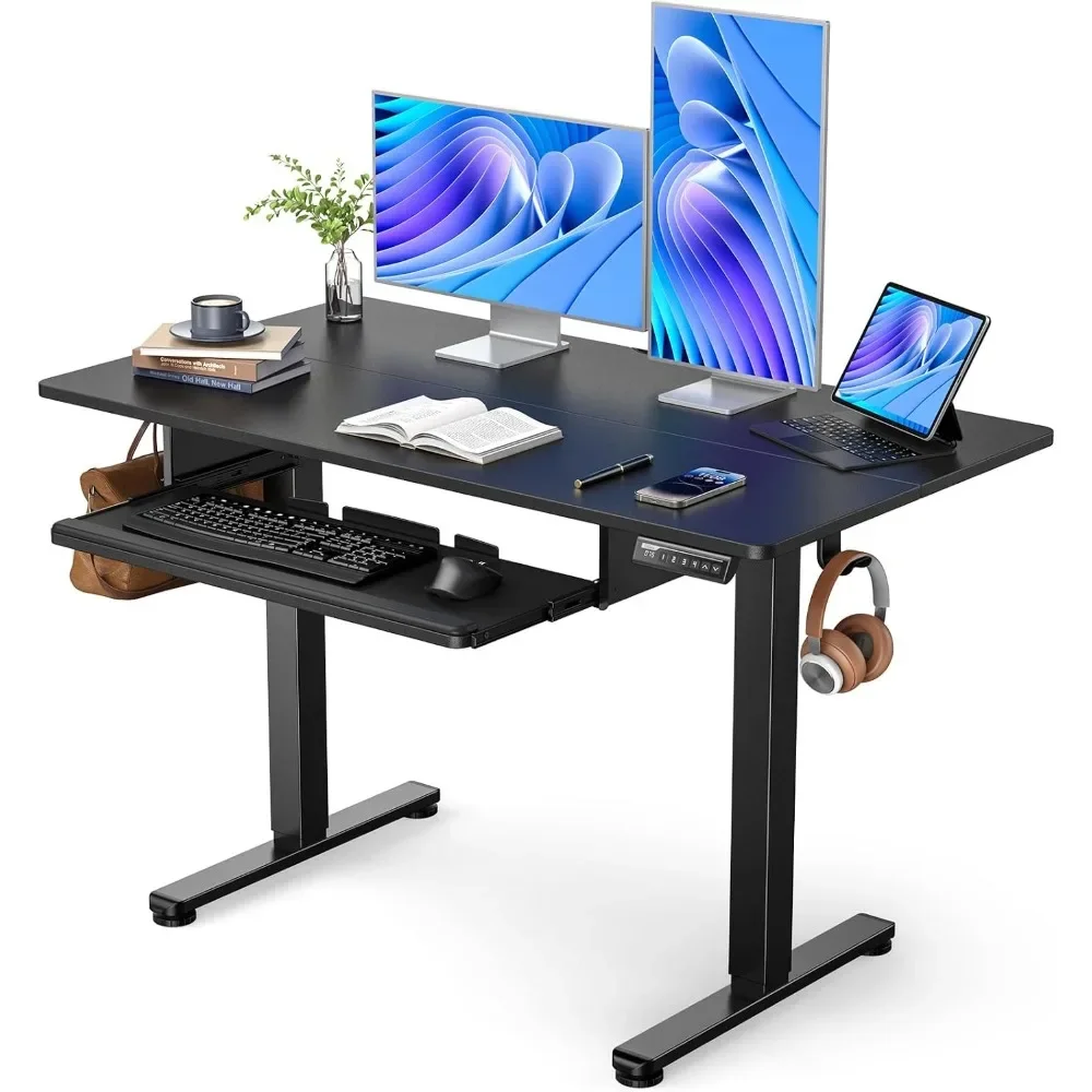 Electric standing desk with full-size keyboard tray, adjustable height sitting desk, 48x24 inches, black