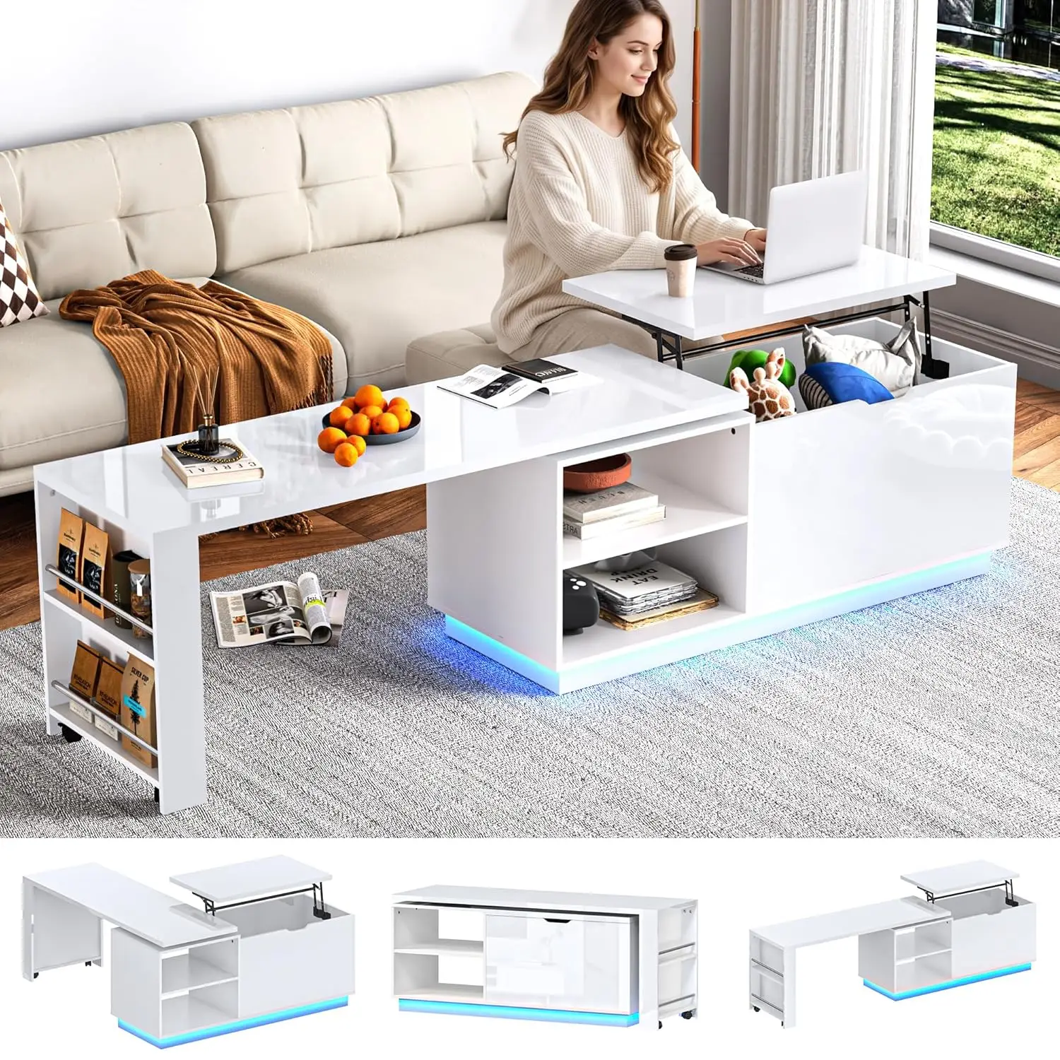 

Extendable High Glossy Coffee Table Lift Top Storage 360° Rotation RGB LED Living Room Home Office 57-90",Customized
