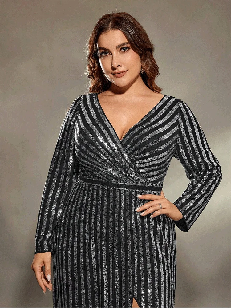 Plus Size Silver Stripe Shiny Floor-length Evening Dress Slit Shiny Luxury Long Sleeve 4XL5XL Evening Dress 2024