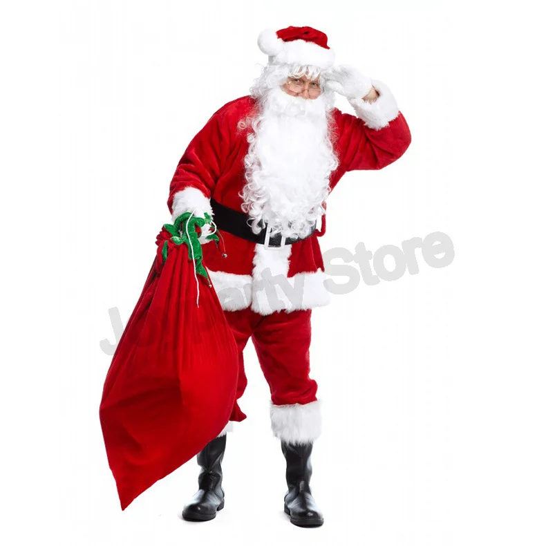 عيد الميلاد سانتا كلوز زي الرجال الفاخرة طويلة أفخم الذهب المخملية مجموعة الأحمر شنطة هدايا مجموعة من 5 قطع 7 قطع 9 قطع 11 قطعة