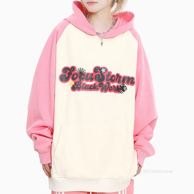 Hello Kitty Funny Print Raglan Contrast Hooded Sweatshirt Women's New Dopamine Cute Hoodie Japanese Style Sweet Casual Pullover