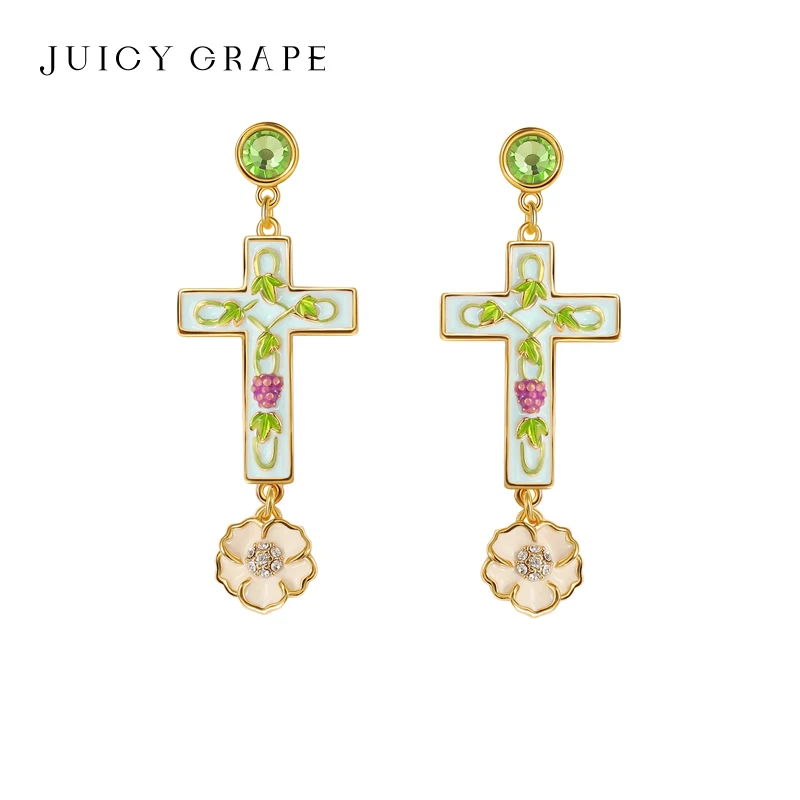 

Juicy Grape Cross Grape Vine Dangle Earrings for Women 925 Silver Needle 18K Gold Plated Handmad Enamel Jewelry Gift