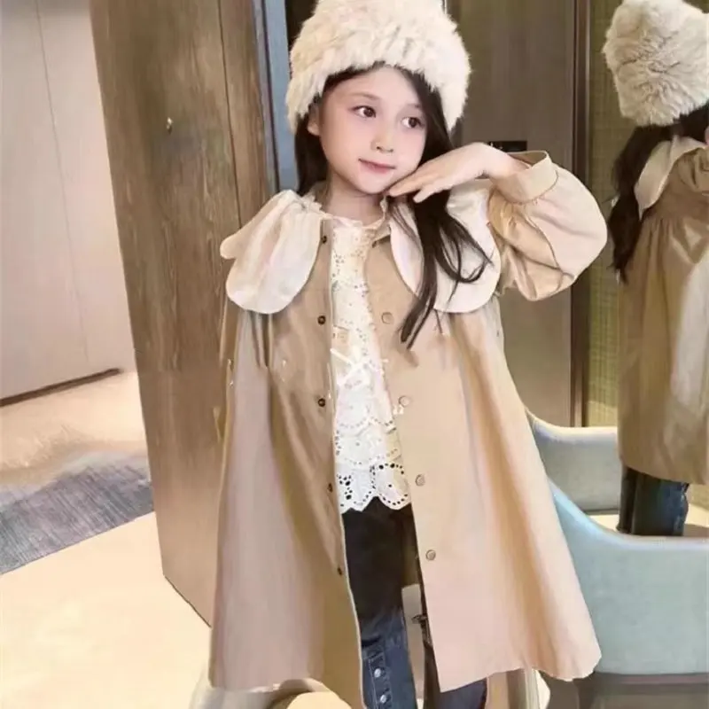 Girls Coat Petal Collar Single Breasted Coat Girls Windbreaker Top 2024 Autumn New Children Clothing