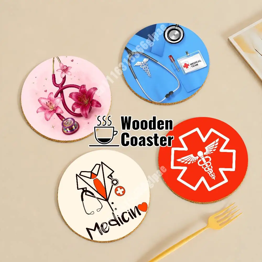 Love Doctor Nurse Medical Staff Wooden Cup Mat Americano Beer Milk Water Coaster for Baking Studio