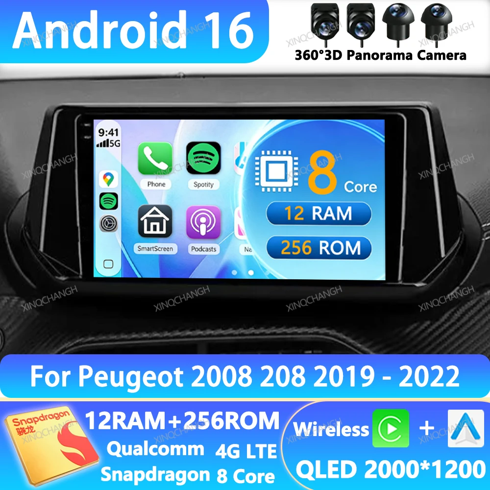 Android 16 Car Radio For Peugeot 2008 208 2019 2020 2021 2022 Multimedia Video Player Head Unit 4G WIFI BT GPS 2DIN Qualcomm