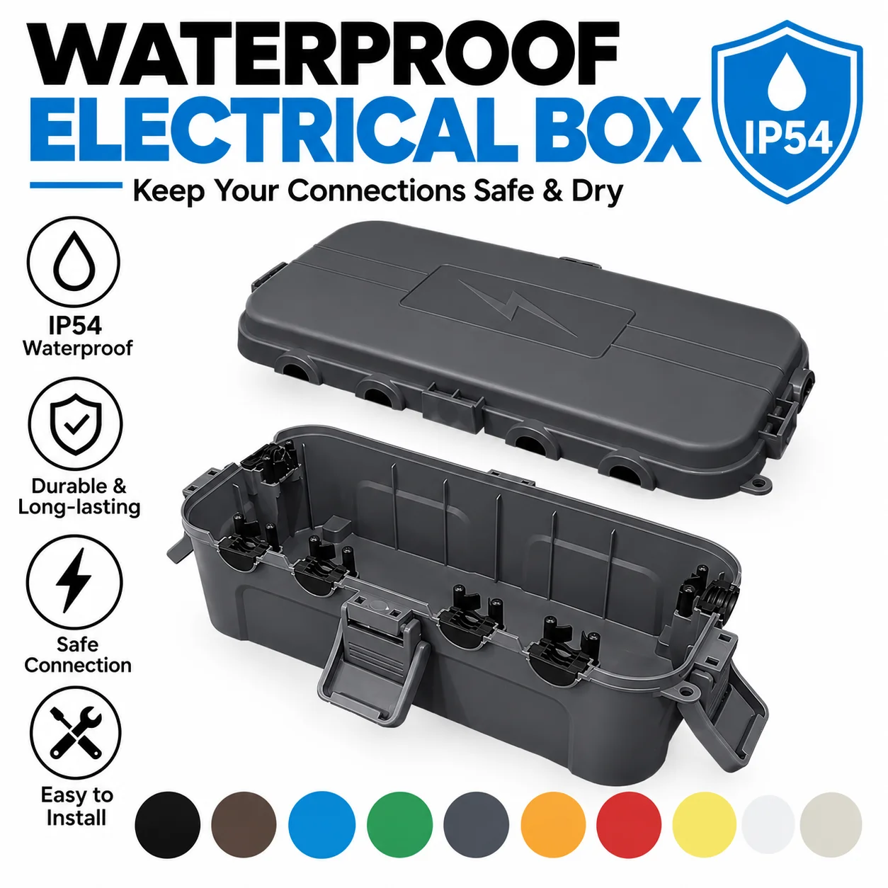 Medium IP54 Waterproof Outdoor Electrical Box with 6 Cable Ports and Padlock Holes for Garden Lights and Pool Pumps
