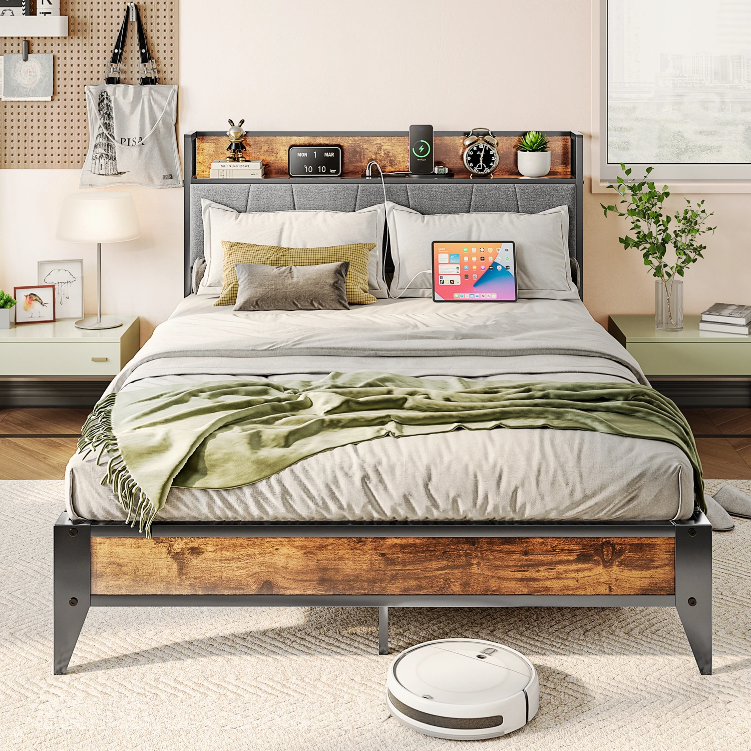 Upholstered Metal Full Size Bed Frame, Storage Headboard With Charging Station, No Box Springs Needed, Gray