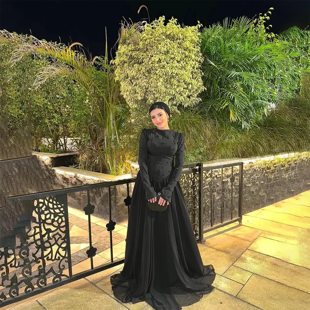 

Вечернее черное вечернее платье для женщин с круглым вырезом и длинными рукавами, хрустальный трикотаж, вечерние платья трапециевидной формы длиной до пола, вечернее платье по индивидуальному заказу