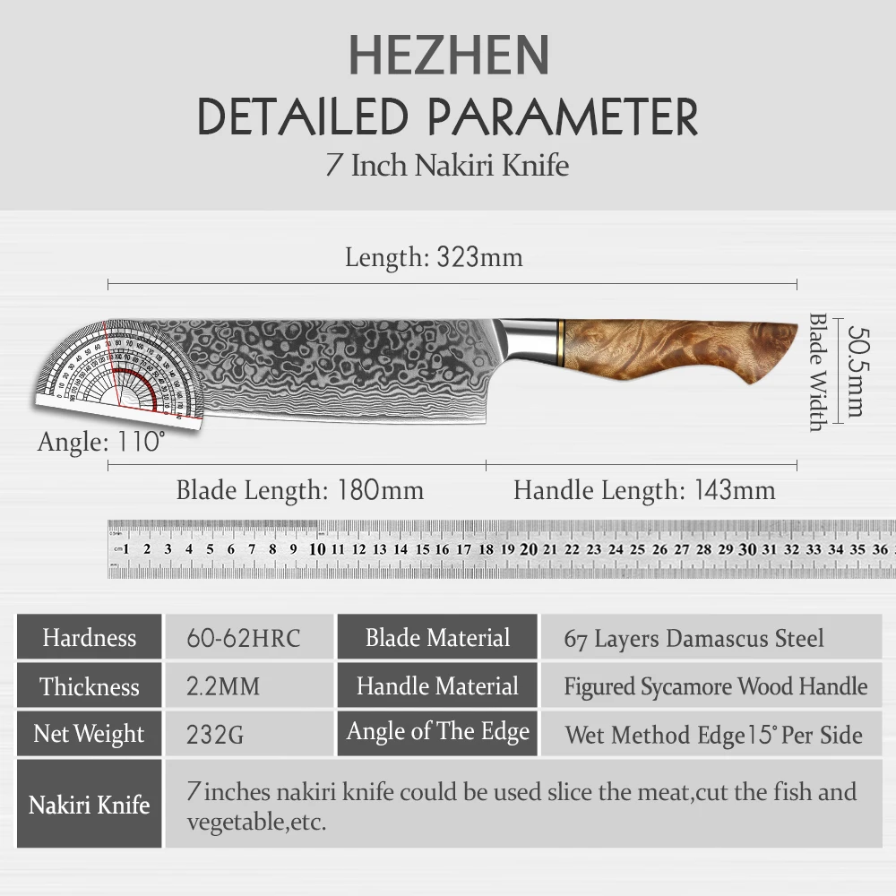 HEZHEN 7 Inch Nakiri Knife Real 67 Layer Damascus Super Steel Cut Meat Fish Vegetable Sharp Blade Kitchen Cook Knife