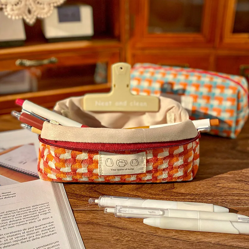 Japan Ins rainbow woven pencil bag simple dirt-resistant large-capacity girl stationery storage