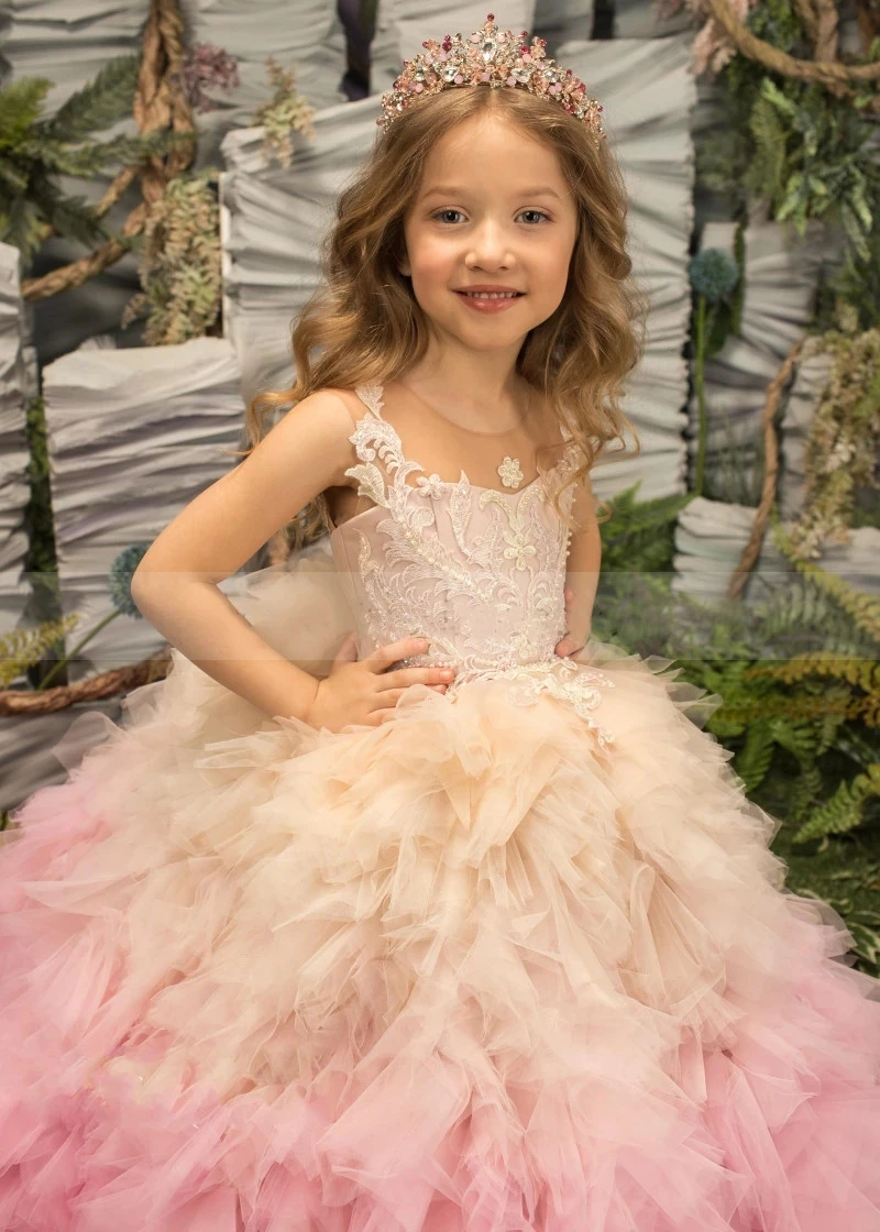 Vestido de princesa rosa para niña, vestidos de flores hinchadas de encaje, manga, vestido de cumpleaños para niña linda, vestido de fiesta de boda para bebé