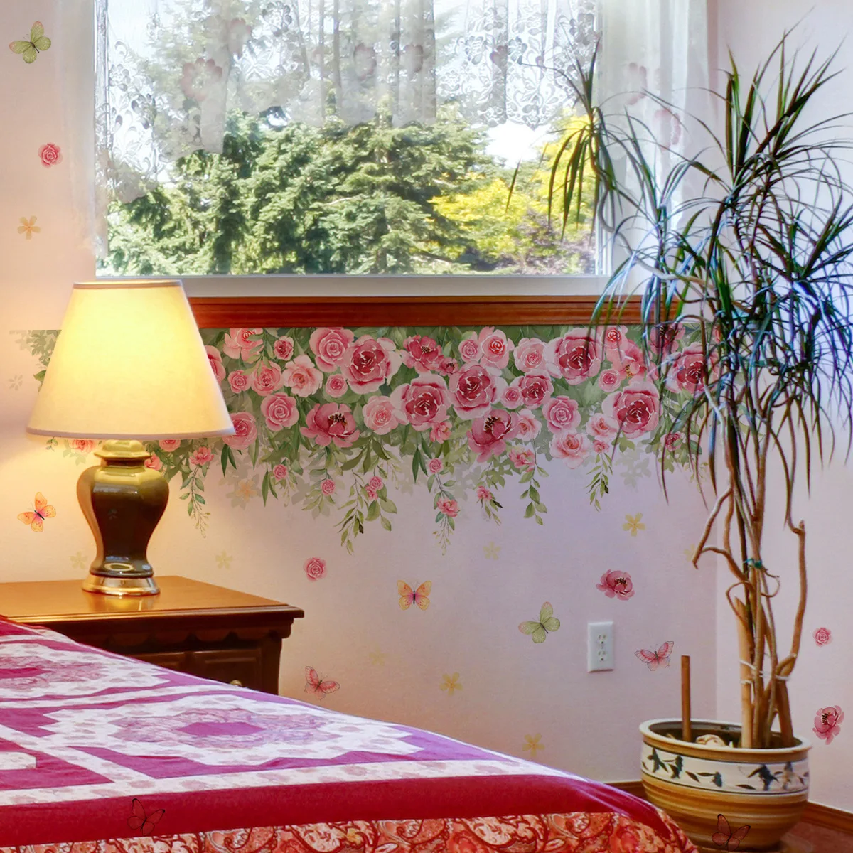 Pink Rose Butterfly Wall Stickers for Girl Bedroom Living Room Decor Removable Home Decoration Waterproof Self-adhesive Sticker