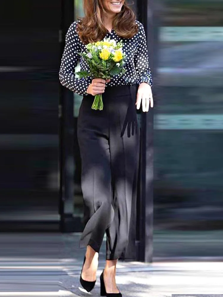 Spring Autumn Princess Kate New Women's Two Pieces Set Runway Dot Shirt Top + Casual Wide LegTrousers Elegant Party 2 Piece Suit