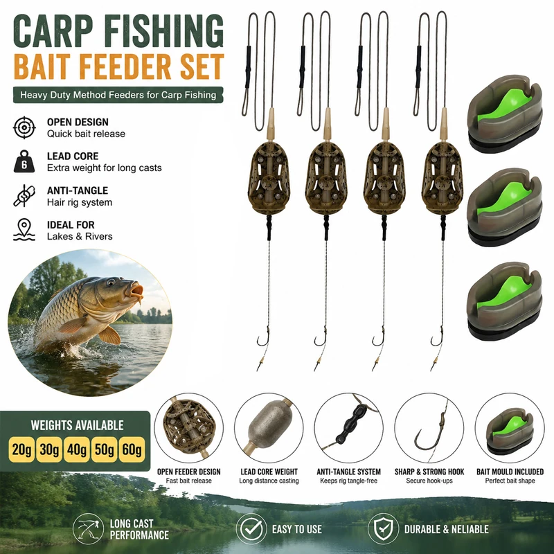 Heavy-Duty Carp Feeder Kit – Open Bait Cage with Built-in Lead Core + Anti-Tangle Hair Device, 20g-60g Method Feeder, Ideal for
