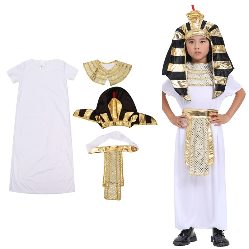 Children Pharaoh Costume Set Kids Egyptian Pharaoh Costume Neck Collar Pharaoh Hat Robe for Halloween Role Play Cosplay