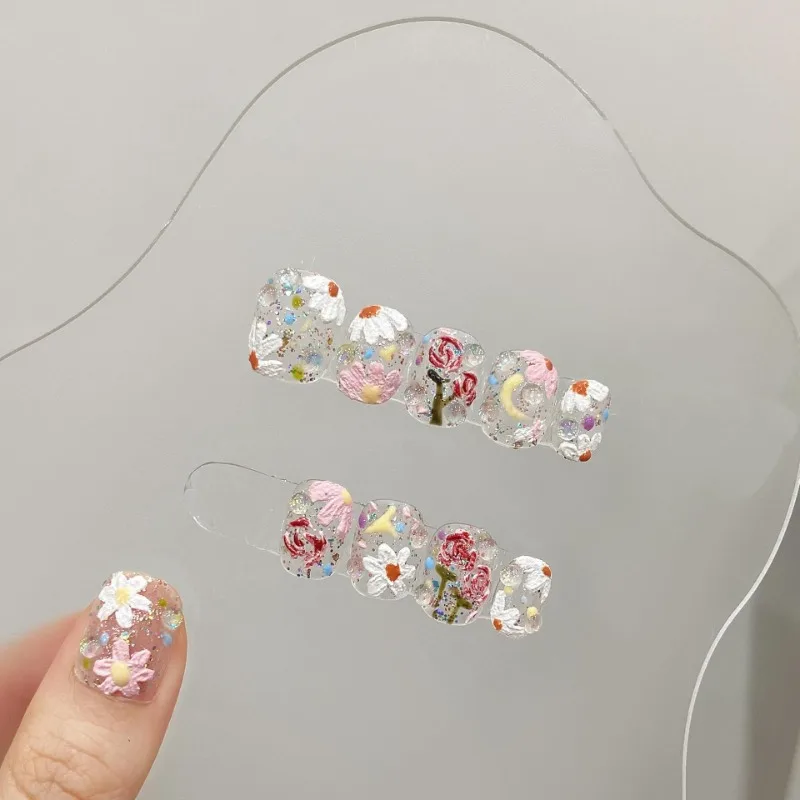 10pcs Handmade Short Round Head Flower Press on Nails with Glue Translucent Reusable Fake Nails Artificial Manicuree Wearable