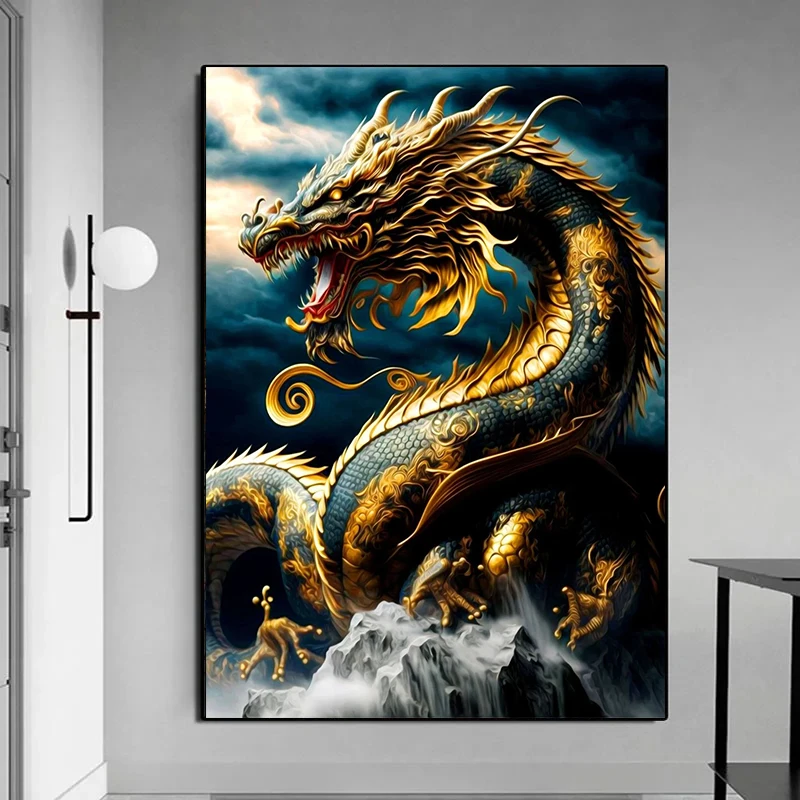 Canvas Wall Art Painting Chinese The Mighty Gold Dragon Posters and Prints Pictures for Modern Living Room Decoration Paintin