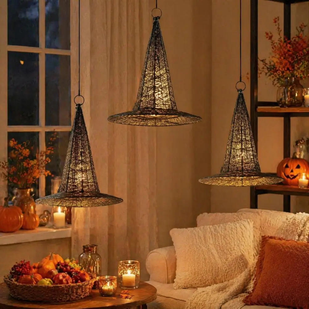 Glowing Witch Hat Hanging Ornaments Hanging Hat with Warm Lights Glowing Halloween Witch Hat with Warm Led Lights Gold Mesh