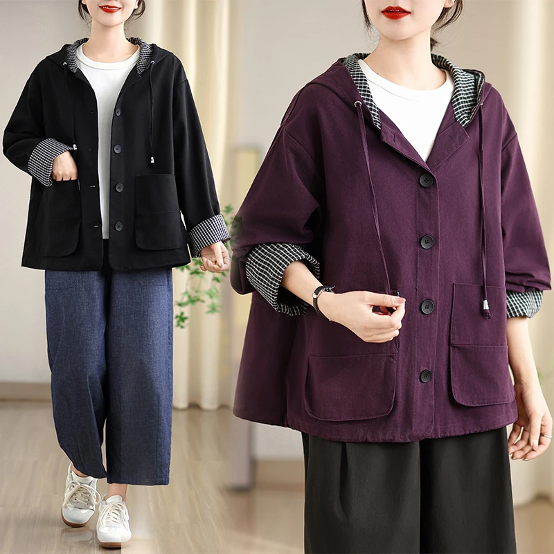 plus Size Women's Plaid Long Sleeve Loose Fitting Hooded Jacket Spring Autumn New Style Commute Style Slimming Effect Chinese...