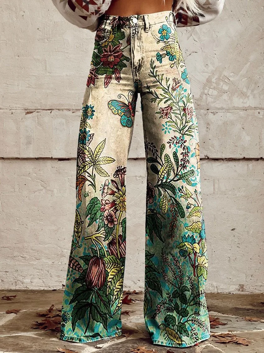 Women's 3D Printed Flare Jeans-Polyester Wide Leg Pants with Distressed Vintage Look, High Waist Comfort Fit for Street Fashion