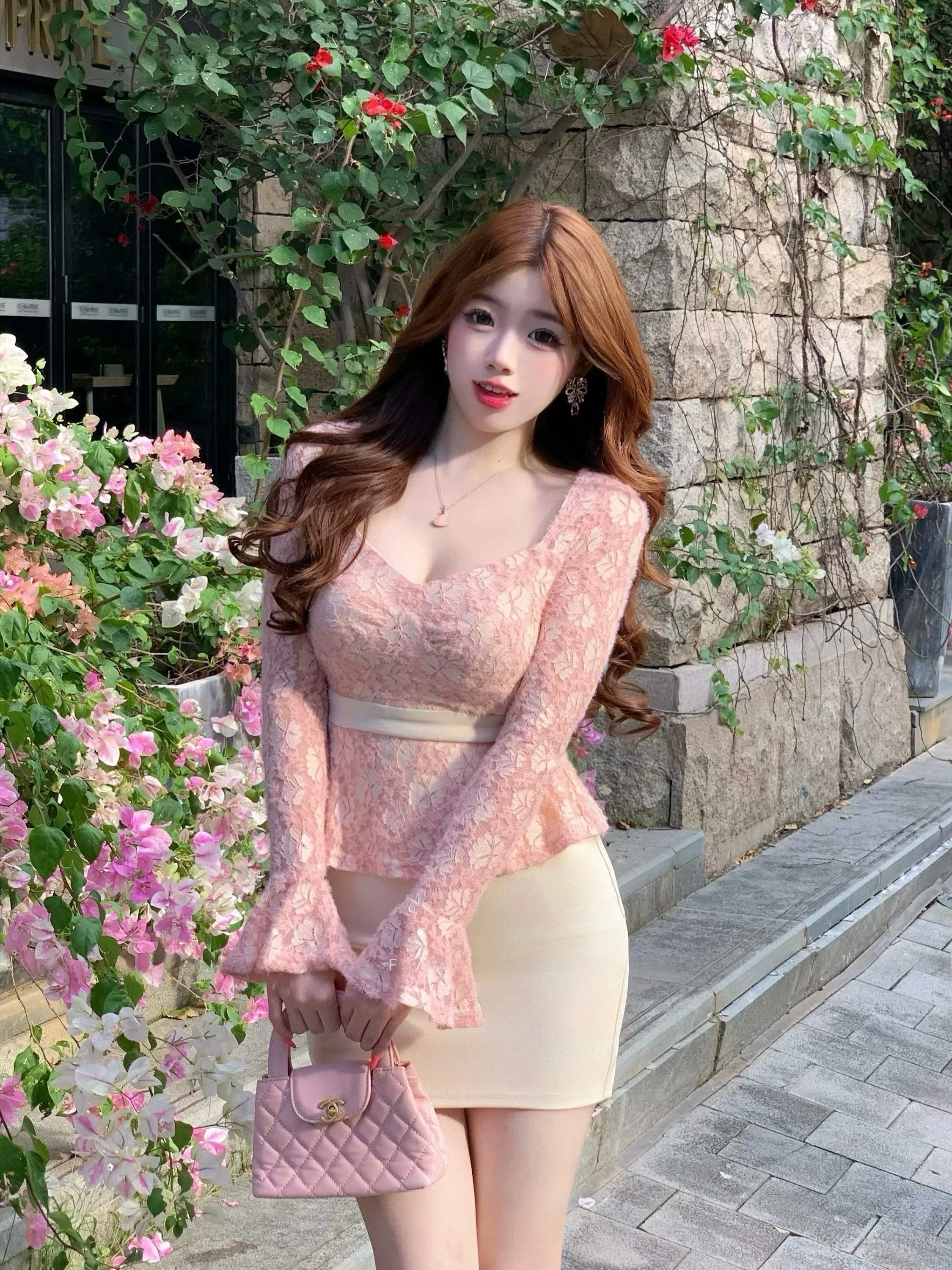 

Cute Facial Hero Lace Pink Slim Fit Wrap around Autumn Winter Dr Pure Desire Sle Long Sve V Ne Zipper Casual H pe