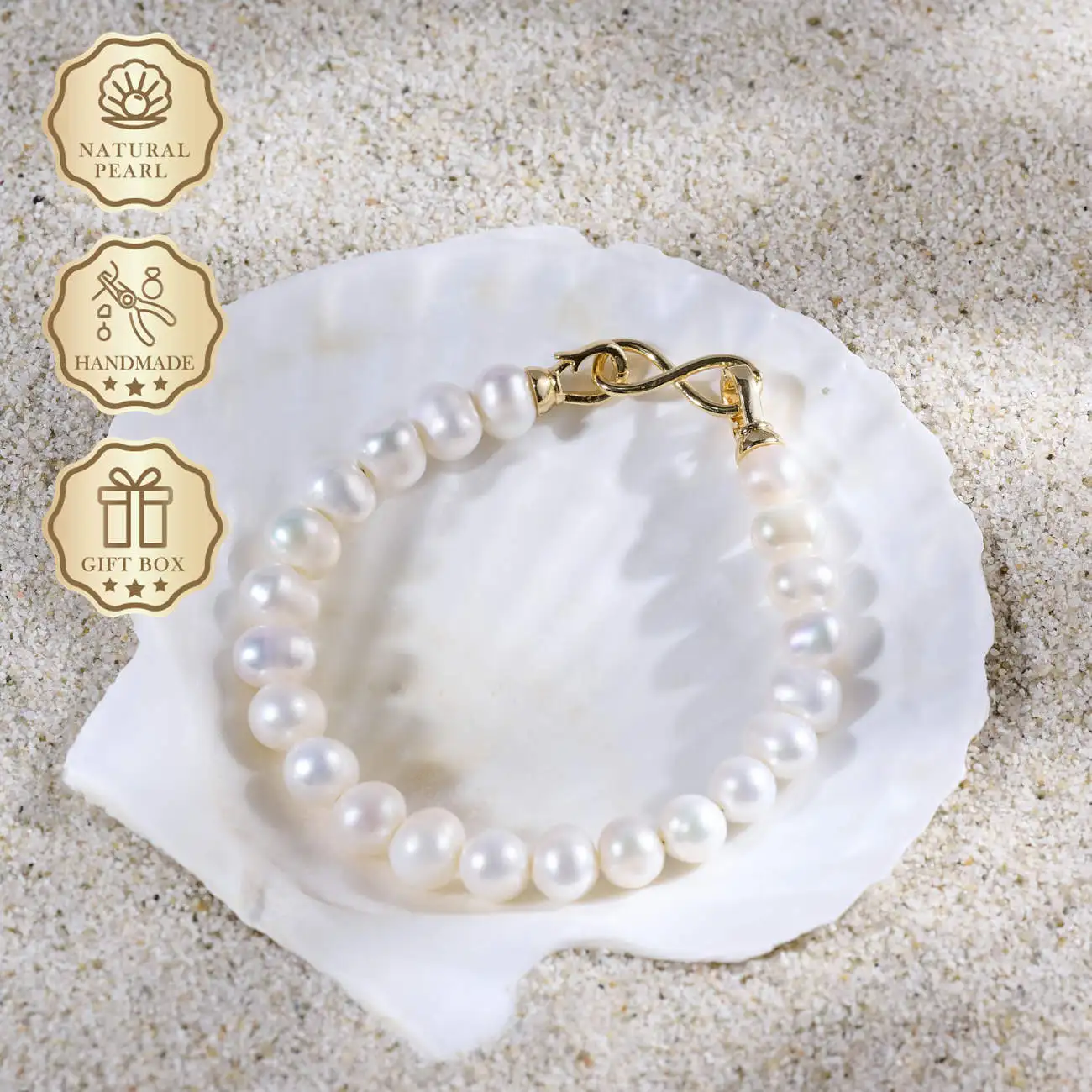 

MYSOYA White Freshwater Pearl Bracelet 7–8mm with Gold Infinity Clasp, Gift Box, Ideal Birthday & Anniversary Gift